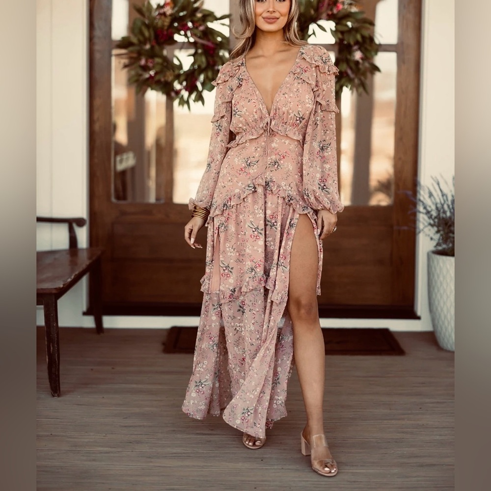 Buddy Love Pia Long Sleeve Boho Romantic Coquette Maxi Dress, Adrift- size S